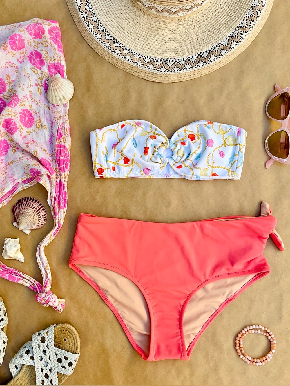 ❉ Nautical Neon Seashell Bandeau Top & High Waisted Bottoms Bikini Swimsuit Set